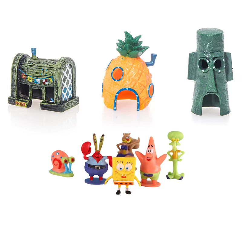 6Pcs Spongebob Fish Tank Decoration Cartoon Aquarium Doll Decorations Pineapple House Fish Shrimp Hideout Aquarium Decoration